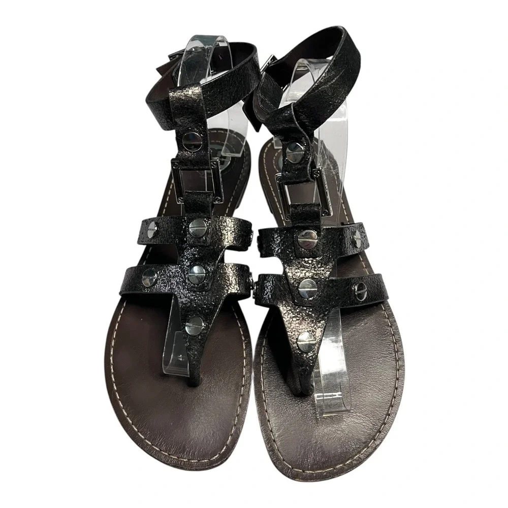 Tory Burch Metallic Pewter Leather Studded Gladiator Thong Sandals Womens 9M